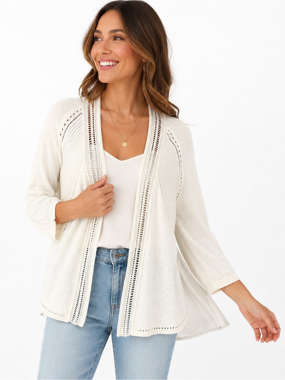 Knitted & Knotted Anthropologie Ivory Linen Mixed Media Cardigan XL